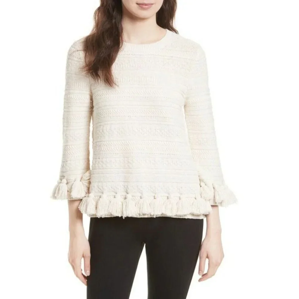 Kate Spade Womens Medium Beige Cotton Chunky Knit Sweater Pompom Hem Crewneck